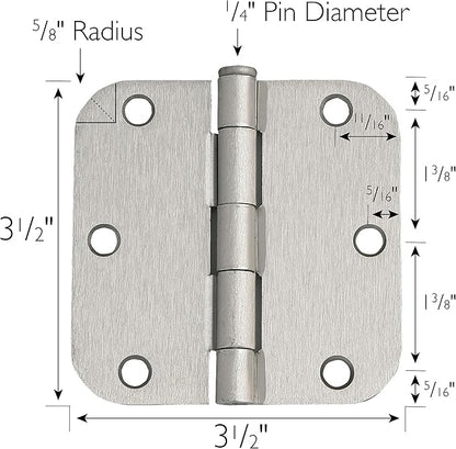 Design House Door Hinges for Interior Doors 6-Pack 3.5-inch x 3.5-inch – Rounded 5/8-inch Radius Steel Door Hinge – Satin Nickel – Fits Standard Doors – Design House 189688
