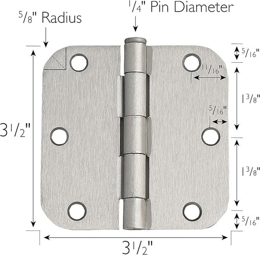 Design House Door Hinges for Interior Doors 6-Pack 3.5-inch x 3.5-inch – Rounded 5/8-inch Radius Steel Door Hinge – Satin Nickel – Fits Standard Doors – Design House 189688