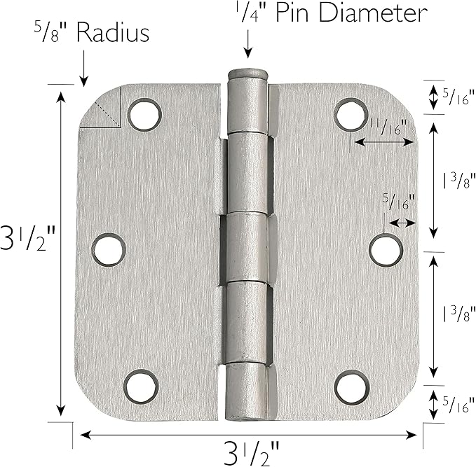 Design House Door Hinges for Interior Doors 12-Pack 3.5-inch x 3.5-inch – Rounded 5/8-inch Radius Steel Door Hinge – Satin Nickel – Fits Standard Doors – Design House 188441