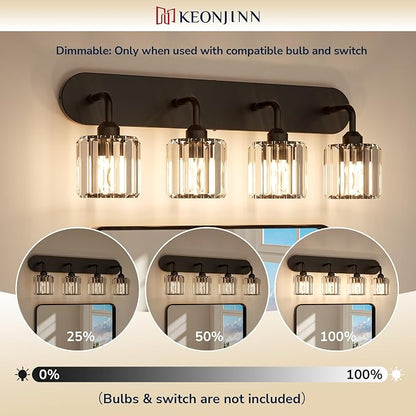Keonjinn 3-Light Bathroom Light Fixtures Over Mirror, Crystal Black | Vanity Lighting Fixture with Crystal Square Shades, Dimmable, Modern Style, Compatible with E26 Base LED Bulbs (Exclude Bulb)