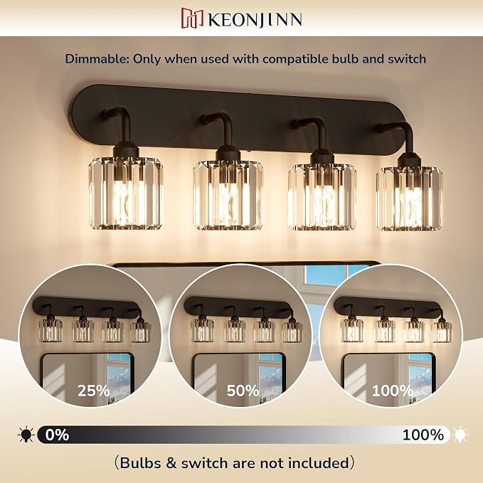 Keonjinn 6-Light Black Crystal Bathroom Light Fixtures Over Mirror | Vanity Lighting Fixture with Crystal Square Shades, Dimmable, Modern Style, Compatible with E26 Base LED Bulbs (Exclude Bulb)