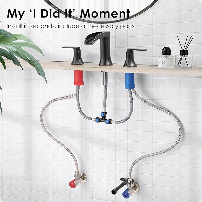 Oil Rubbed Bronze Bathroom Sink Faucet Widespread, 8 Inch Waterfall Faucet Bathroom 3 Hole with Pop-up Drain and cUPC Supply Lines, 2 Handles for Vanity, Restroom, Farmhouse, Brass Material