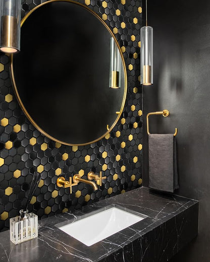 Black and Gold Backsplash Wall Tiles Hexagon Mosaic Shower Floor Tile Kitchen Bathroom Tile (Box of 5 Sheets)