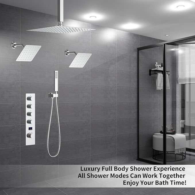 Polished Chrome Shower System with 3 Rain Shower Head(12+8+8 inch), Handheld Spray, 4 Way Smart Temperature Display Shower Faucet set