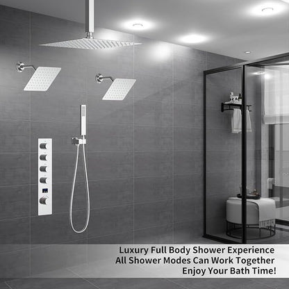 Polished Chrome Shower System with 3 Rain Shower Head(12+8+8 inch), Handheld Spray, 4 Way Smart Temperature Display Shower Faucet set