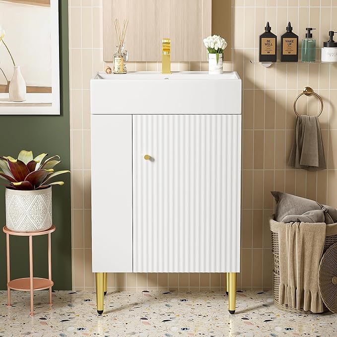 Merax 21.6" Single Sink Bathroom Vanity, Freestanding Bathroom Vanity with Open Shlef, Wood Bathroom Cabinet with Ceramic Basin Sink Top, White