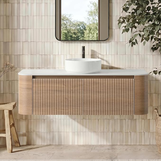 48" Floating Bathroom Vanity with Sink, Rounded Edges, Honey Oak | Pre-Assembled Fluted Wall Mounted Vanity with White Ceramic Vessel Sink and Countertop, Soft-Close Drawer & Towel Rack