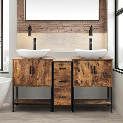 UEV Rustic Brown 60" Double Bathroom Vanity with Sink Combo,Industrial Iron Frame 2 Main Bathroom Vanity with Middle 3 Drawers Cabinet,Modern Artistic Ceramic Vessel Sink(032WH)