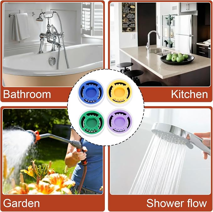 4pcs Shower Head Flow Restrictor, 1.2/1.5/1.8/2.0 GPM | Shower Head Water Saver, Plastic, 0.56 0.54 0.21 in, Universal Size, 14mm Connector