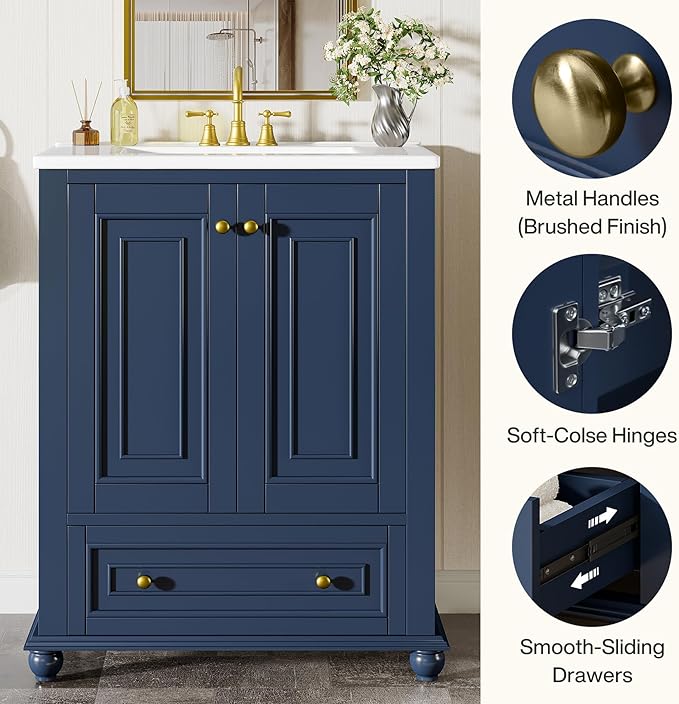 Tribesigns 24" Bathroom Vanity with Ceramic Sink Combo, Freestanding Bathroom Storage Vanity Cabinet with 2 Doors & 1 Drawer, Solid Wooden Frame & Coated Surface, Metal Handle, Navy Blue