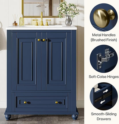 Tribesigns 24" Bathroom Vanity with Ceramic Sink Combo, Freestanding Bathroom Storage Vanity Cabinet with 2 Doors & 1 Drawer, Solid Wooden Frame & Coated Surface, Metal Handle, Navy Blue