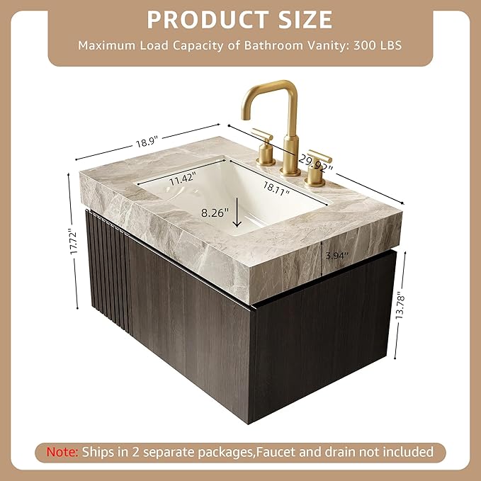 30” Floating Bathroom Vanity with Sink, Wall-Mounted Cabinet with Drawer & Doors, Gray Travertine-Pattern Sintered Stone Top, Undermount Basin, 3 Faucet Hole, Soft-Close, Pre-Assembled, Dark Oak