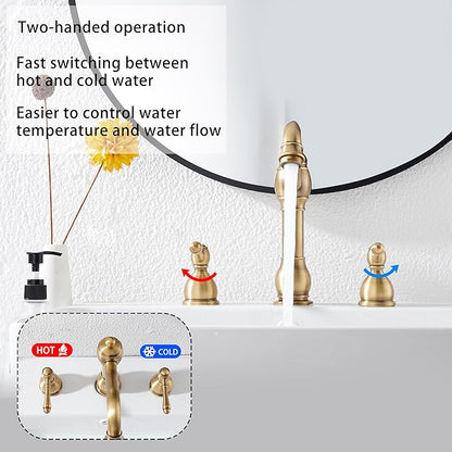 GGStudy 2 Handles 3 Holes Faucet Widespread Bathroom Sink Faucet Basin Tap Mixer Supply Hose Included Matching Pop Up Drain Antique Brass