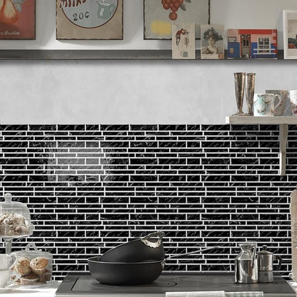 Alwayspon 10 Sheets 12" x12inch Black Marble Effect Vinyl Tiles, Backsplash, Self-Adhesive Peel and Stick Wall Tile Stickers, Stick on Subway Tiles for Kitchen Bathroom Wall Decor