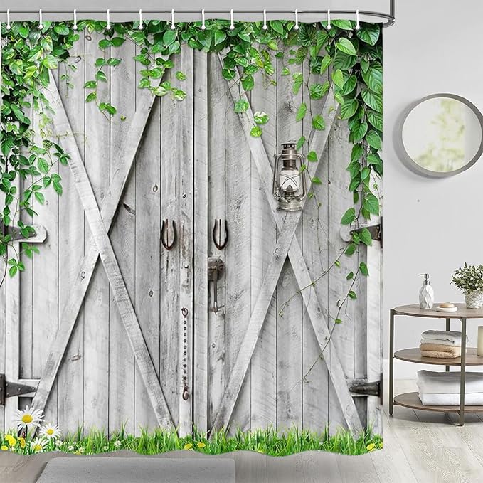 Rustic Wooden Board Barn Door Shower Curtain Sets for Bathroom, Vintage Farmhouse Wooden Theme Plank Green Leaves Bath Curtain, Fabric Grass and Flowers Spring Decoration Curtains with Hooks 60X70IN