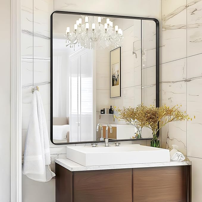 Fabuday Black Bathroom Mirror Wall Mounted- 36x36 Inch Big Framed Mirror for Bathroom Over Sink, Square Brushed Large Vanity Mirror Hanging for Bedroom, Farmhouse, Living Room, Entryway Decor