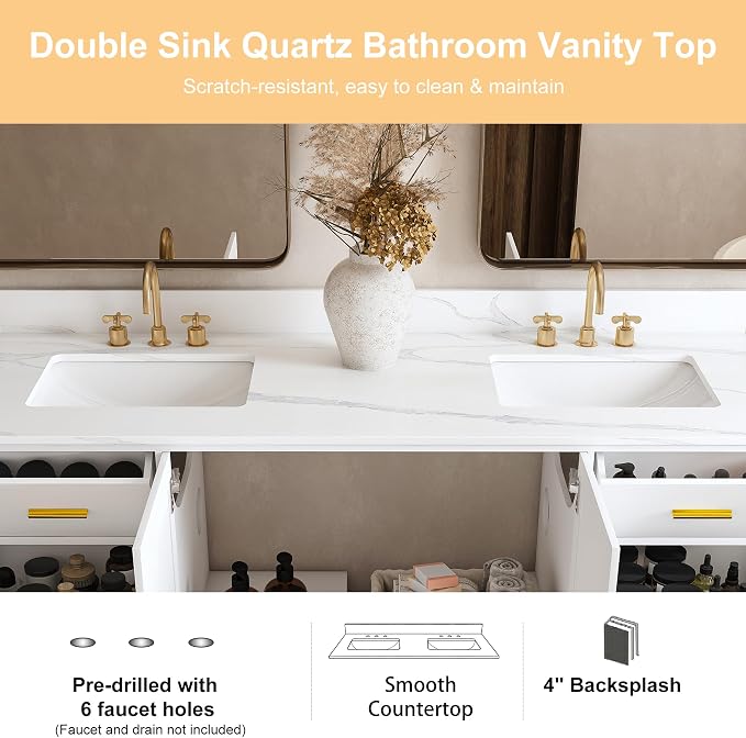 60 Inch Bathroom Vanity with Double Sink&Countertop,Carrara White Quartz Counter Top with Sink&Backsplash,White Bathroom Cabinet Set with 2 Doors and 9 Drawer(Three Holes)