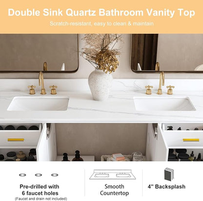 60 Inch Bathroom Vanity with Double Sink&Countertop,Carrara White Quartz Counter Top with Sink&Backsplash,White Bathroom Cabinet Set with 2 Doors and 9 Drawer(Three Holes)