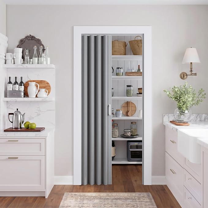 SmartStandard 32" x 80" Accordion Doors Interior, Double Walled, Gray Oak | Easy to Assemble, Save Space, PVC Accordion Folding Doors for Closet Doorway Basement, with Track and Hardware