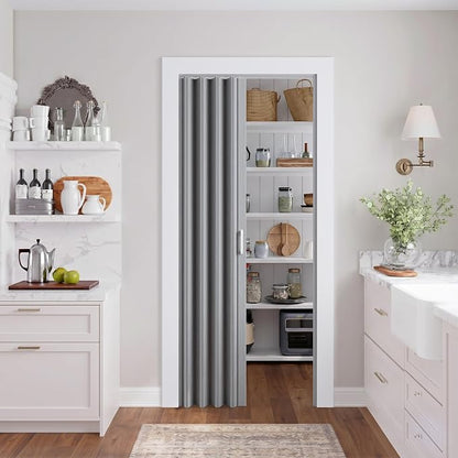 SmartStandard 32" x 80" Accordion Doors Interior, Double Walled, Gray Oak | Easy to Assemble, Save Space, PVC Accordion Folding Doors for Closet Doorway Basement, with Track and Hardware