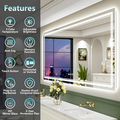 88x38 LED Bathroom Mirror with Lights, Backlit and Front Lit Anti-Fog Lighted Vanity Mirrors for Bathroom Wall, Dimmable, 3-Color Light, Memory, Shatter-Proof, HD Tempered Glass, CRI＞90