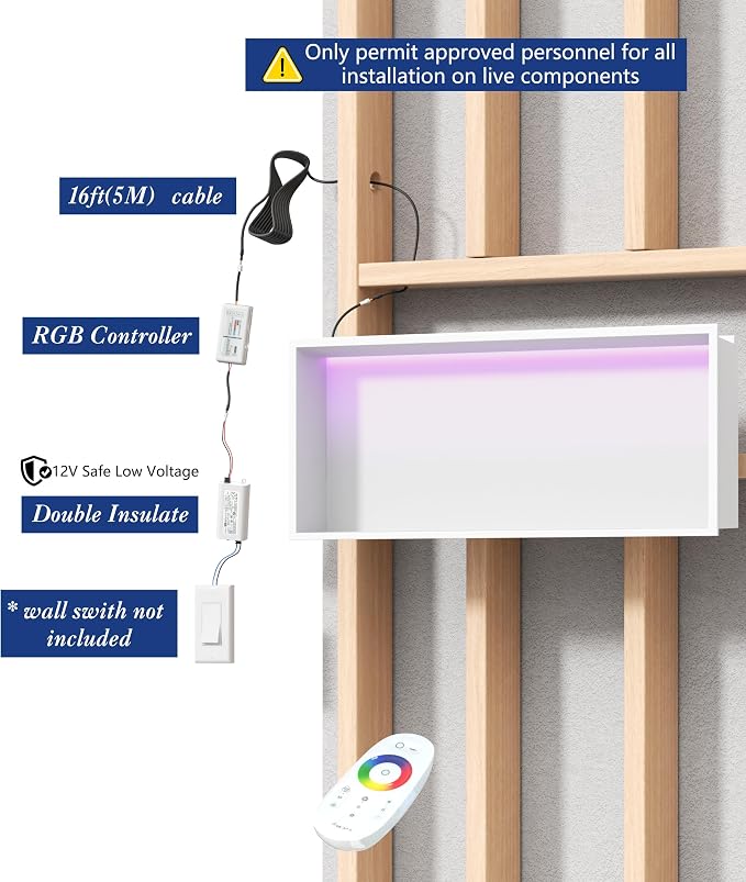 30X12 RGB Shower Niche, White Stainless Steel LED Wall Recessed Organizer, No Tile Needed Wall Niche for Bathroom Storage Built-in Installation