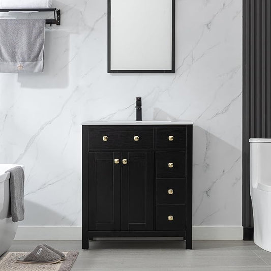 LUCKWIND 30" Bathroom Vanity with Sink, Modern Bathroom Storage Cabinet with Undercounter Sink and Wood Grain Veneer Surface, Include Faucet, No Mirror, Black