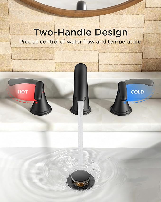 FORIOUS Black Bathroom Faucet 3 Hole, Widespread Bathroom Sink Faucet 8 Inch with Pop Up Drain and CUPC Supply Hose, 2 Handle for Vanity Rv Commercial Lavatory Restroom