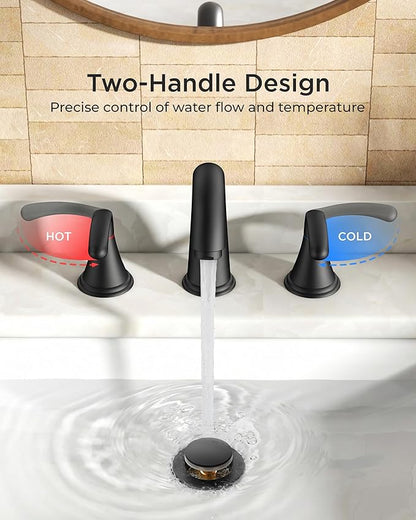 FORIOUS Black Bathroom Faucet 3 Hole, Widespread Bathroom Sink Faucet 8 Inch with Pop Up Drain and CUPC Supply Hose, 2 Handle for Vanity Rv Commercial Lavatory Restroom