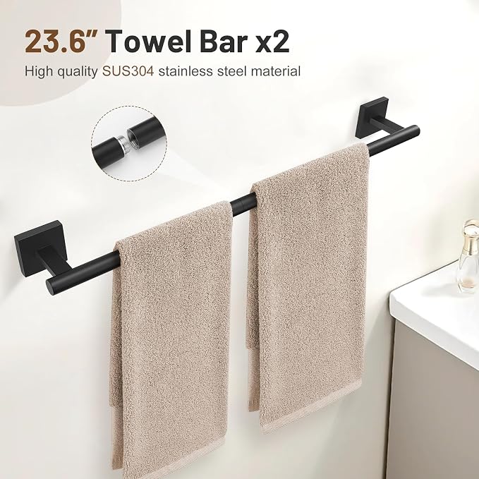 Lairuier 10-Piece Matte Black Bathroom Accessories, Towel Bar Set | Bathroom Hardware Set Includes SUS304 23.6" Towel Bar, Towel Ring, Toilet Paper Holder and Towel Hooks Wall Mounted