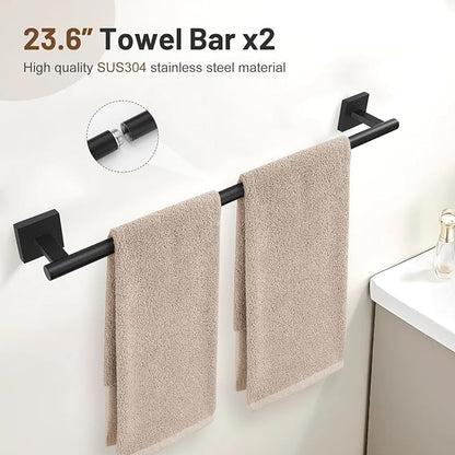 Lairuier 10-Piece Matte Black Bathroom Accessories, Towel Bar Set | Bathroom Hardware Set Includes SUS304 23.6" Towel Bar, Towel Ring, Toilet Paper Holder and Towel Hooks Wall Mounted