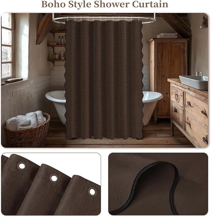 BTTN Brown Scalloped Shower Curtain, Linen Textured Modern Cloth Shower Curtain Set with Plastic Hooks, Neutral Elegant Decorative Waterproof Fabric Shower Curtains for Bathroom and Bathtub, 72x72