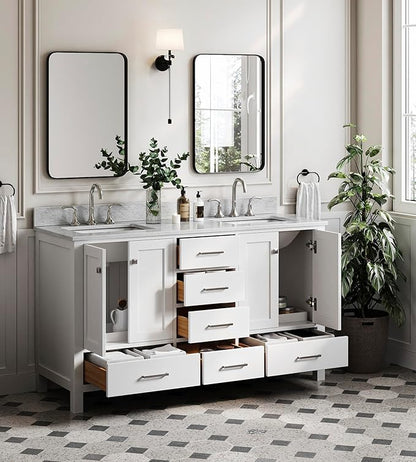 ARIEL Cambridge 60-inch Bathroom Vanity with Sink,Solid Wood, 0.75-inch Italian Carrara Marble Countertop, Double Rectangular Porcelain Sink, 4 Soft Closing Doors, 6 Dovetail Drawers, White