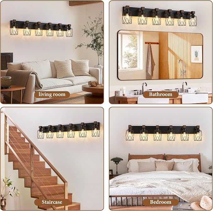 Farmhouse 6-Light Wood Bathroom Vanity Light, Black Metal Cage Shade | Mounted Over Mirror, Industrial Rustic Style, Ideal for Bathroom, Bedroom, Hallway & Living Room, Easy To Install