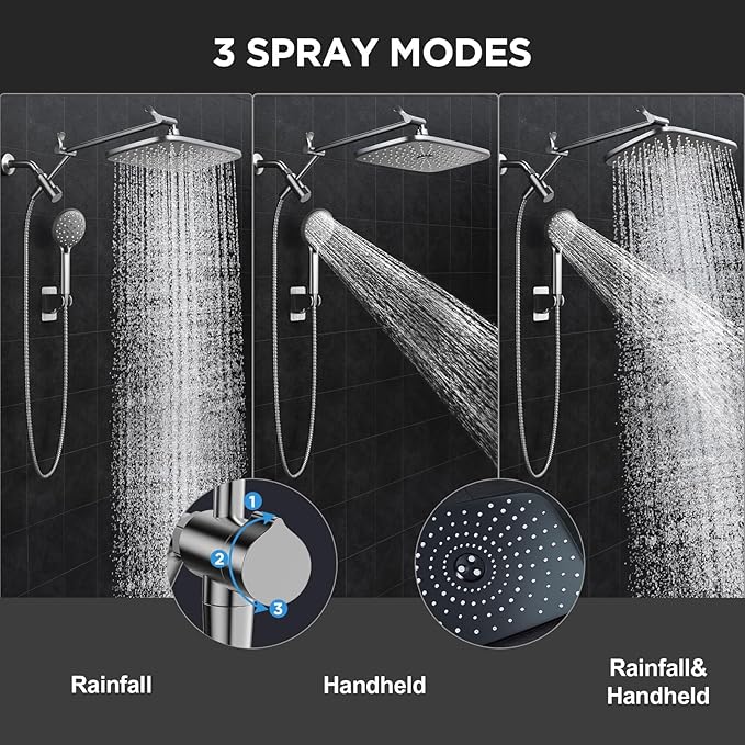 Veken Gunmetal Gray 11.8" High Pressure Shower Head with Handheld, Durable | Handheld Shower with Multi Spray Modes, Rainfall Combo with 15" Metal Extension Arm, Detachable Dual Shower, Bathroom Decor