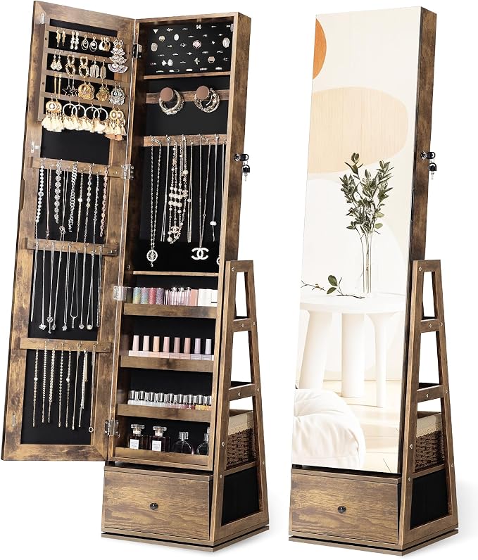 Nicetree 360° Swivel Jewelry Cabinet, Full Length Mirror, Lockable | Rotatable Jewelry Armoire Organizer, Standing Mirror with Storage, 3 Rear Shelves + Bottom Drawer, Gift Idea, Rustic Brown