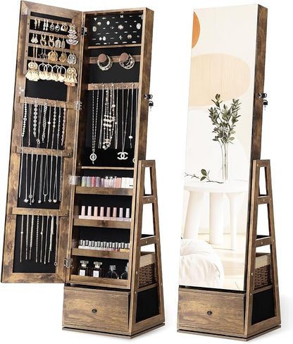 Nicetree 360° Swivel Jewelry Cabinet, Full Length Mirror, Lockable | Rotatable Jewelry Armoire Organizer, Standing Mirror with Storage, 3 Rear Shelves + Bottom Drawer, Gift Idea, Rustic Brown