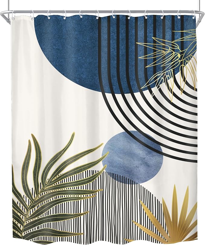 Mid Century Blue Green Boho Abstract Modern Bathroom Shower Curtain Set | 54Wx78H Chic Plants design, waterproof HD print with fast-drying fabric and 12 hooks.