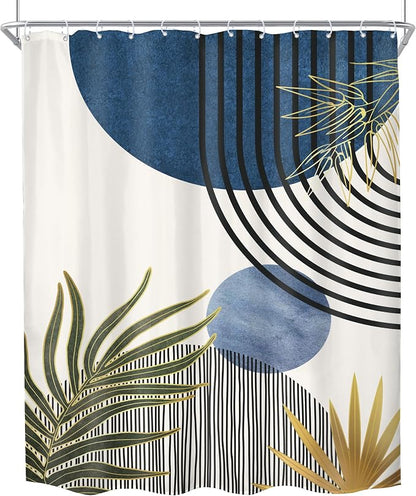 Mid Century Blue Green Boho Abstract Modern Bathroom Shower Curtain Set | 54Wx78H Chic Plants design, waterproof HD print with fast-drying fabric and 12 hooks.