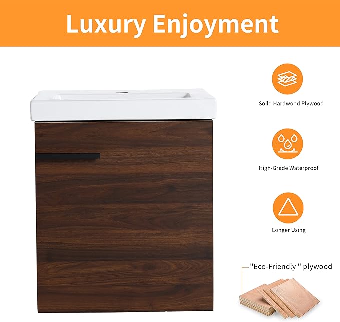 18 Inch Bathroom Vanity with Sink,Wall Mounted Bathroom Vanity Sink Combo with Soft Close Door for Small Space,Modern Floating Bathroom Vanity with Top Basin &Brown Storage Cabinet