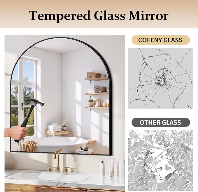COFENY Arched Mirror, 40’’x48’’ Black Arch Mirror for Bathroom, Large Arched Bathroom Mirror with Frame, Modern Wall Mounted Mirror for Over Sink Mantle Bedroom Vanity Living Room Entryway