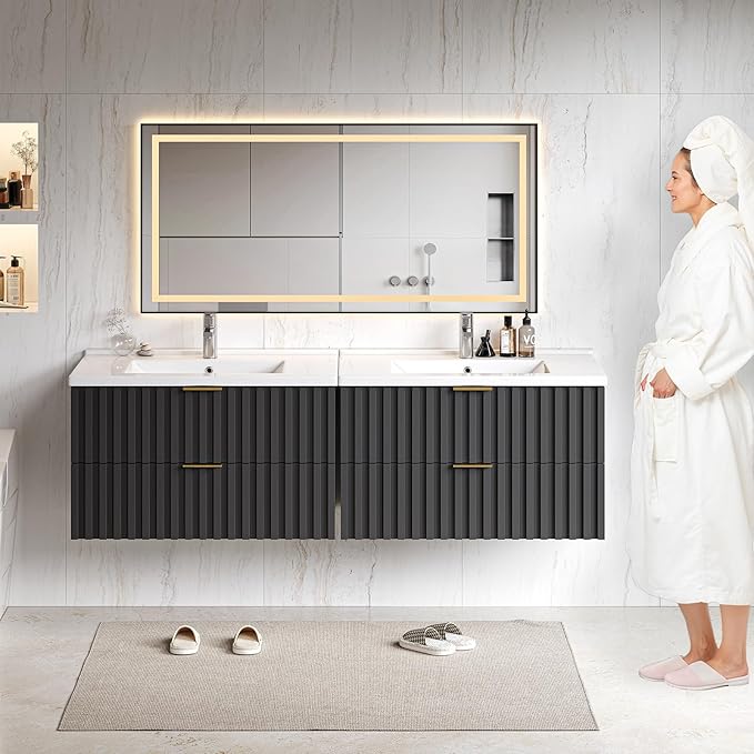 ONBRILL 30 Inch Bathroom Vanity with Sink Combo, Floating Bathroom Vanity with 2 Fluted Drawers & Metal Handle, Modern Wall Mount Storage Cabinet with Ceramic Integrated Sink for Small Space (Black)