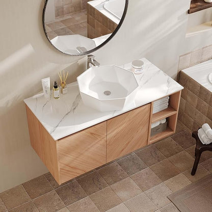 36 Inch Floating Vanity Bathroom with Single Sink, Wall-Mounted Floating Bathroom Cabinet with Sintered Stone Countertop & White Ceramic Basin, Ample Storage and Open Shelves, Light Wood