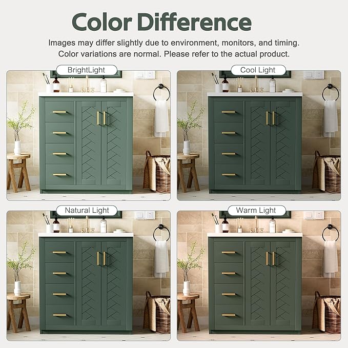 Merax Herringbone Single Sink Bathroom Vanity, Freestanding 30" Modern Bathroom Vanity Storage Cabinet with 3 Drawers and 2 Doors, Solid Wood Frame