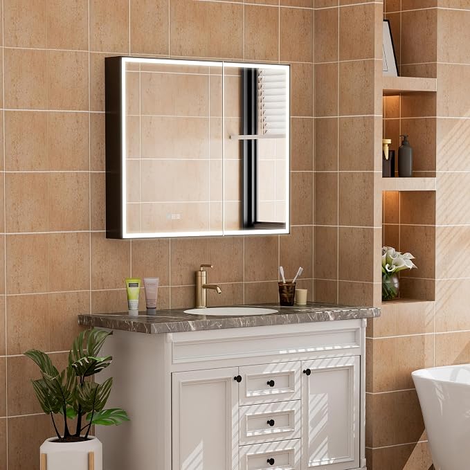36" X 30" LED Mirrored Medicine Cabinet, Bathroom Medicine Cabinets with Lights for Bathroom, Defogging Function Mirror Cabinet, Medicine Cabinet with USB Port & Outlet, Double Doors
