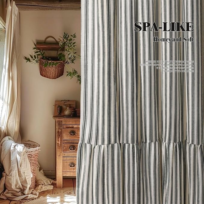 Farmhouse Shower Curtain Ruffle Linen Cream-Black Stripe 72"W x 90"L | Farmhouse Boho, Striped, Bottom Ruffle, Linen Fabric, Rustic, Country, Natural Look, Washable, for Bathroom Bathtub