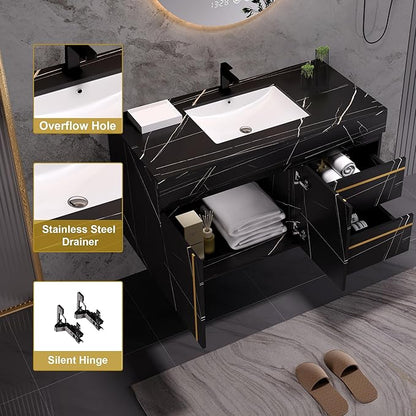 Pvillez 36 inch Bathroom Vanity with Ceramic Sink and Sinter Stone Marble Counter Top Modern Black Wall Mounted Floating Bathroom Sink Cabinet with 2 Drawers, 1 Cupboard and Gold Metal