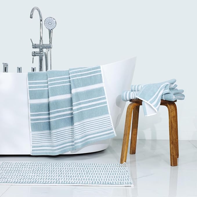 Martex Restore Batten Stripe Bath Towel – Soft, Absorbent, Moisture-Wicking and Quick to Dry – Lightweight for Everyday Use – Comfortable Feel with Convenient Loop for Hanging – 30" x 56" – Mineral