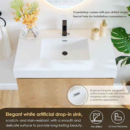 36 Inch Floating Sink Bathroom Vanity Wall Mount Single Vanities Overflow Mordern Large Storge Cabinet with Ceramic Countertop Double Soft Closing Drawers Pre-Assembled