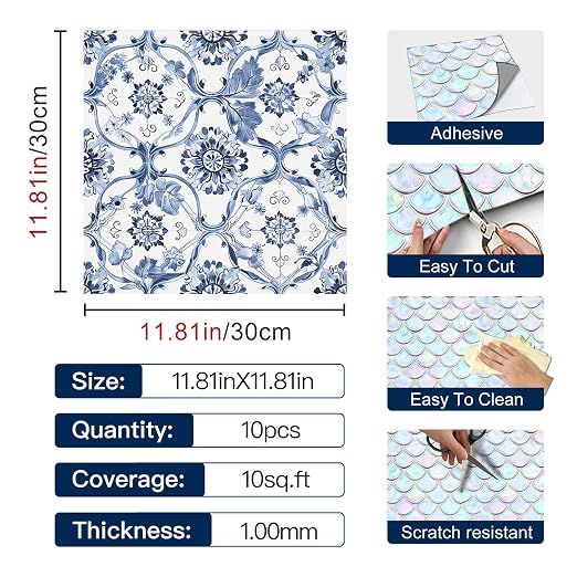Delft Blue Floral Vine Peel and Stick Floor Tiles 12x12 Inch 10PCS | Delft blue floral vine pattern on a white background vinyl floor stickers for kitchen bathroom entryway and indoor home decor